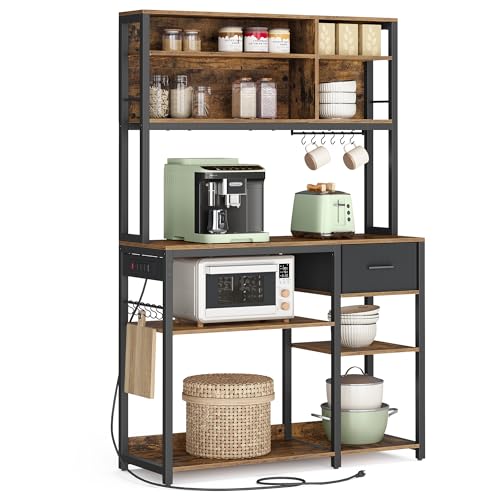 VASAGLE Bakers Rack with Charging Station, Coffee Bar, 15.7 x 39.4 x 71 Inches, Kitchen Microwave Stand, Adjustable Storage Shelves, Fabric Drawer, 12 Hooks, Rustic Brown and Ink Black UKKS027K01 - color: Rustic Brown + Ink Black, size: 15.7"D x 39.4"W