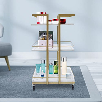 Rolling Storage Cart 3-Tier Metal & Wood Utility Trolley with Locking Wheels, 55lbs Capacity - Nordic Style Multi-Purpose Organizer for Kitchen, Salon, Bathroom, White & Gold Space-Saving Bar Cart
