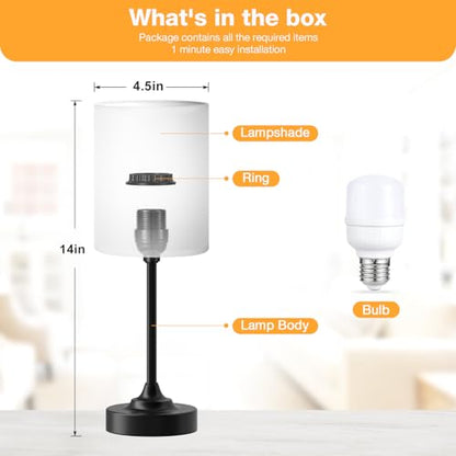 Touch Nightstand Bedroom Lamp - 3 Way Dimmable Bedside Lamp, Small Table Lamp Linen Lampshade for Office Desk, LED Bulb Included - color: White Shade-Black Base, size: 14" Touch Control