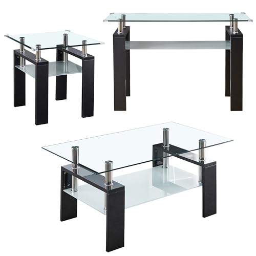 Living Room Set of 3 with Glass Coffee Table, End Table, and Console Table, Modern Black 3 Piece Set with Storage Shelf for Apartment, Home Office, Easy to Assemble - color: Black, size: Coffee Table + End Table + Console Table