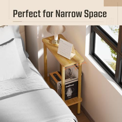 THUMEYE Narrow Side Table 7" Wide, 2 Tier Skinny End Table with Wood Legs, Slim Nightstand/Bedside Table for Small Spaces, with Adjustable Feet, 15.7" L x 20.6" H - color: Burlywood, size: 2-Tier