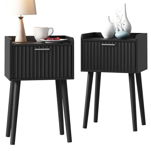 LAATOOREE Nightstand Set of 2, Small Bed Side Table with Fluted Door, End Table with Solid Wood Legs, Mid-Century Bedside Table for Bedroom Small Space - color: Black, style: Fluted Style