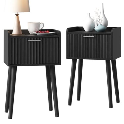 LAATOOREE Nightstand Set of 2, Small Bed Side Table with Fluted Door, End Table with Solid Wood Legs, Mid-Century Bedside Table for Bedroom Small Space - color: Black, style: Fluted Style