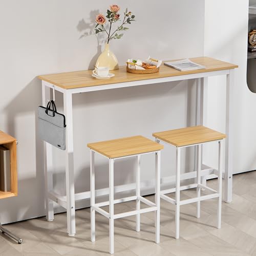 Finnhomy 52.7" Industrial Bar Table Set with 2 Stools - Counter Height Dining & Pub Table for Small Spaces, Kitchen, Apartment, Breakfast - Metal & Wood, Space-Saving Furniture - Oak Beige and White - color: Oak Beige+white, size: 52.7" Bar Table