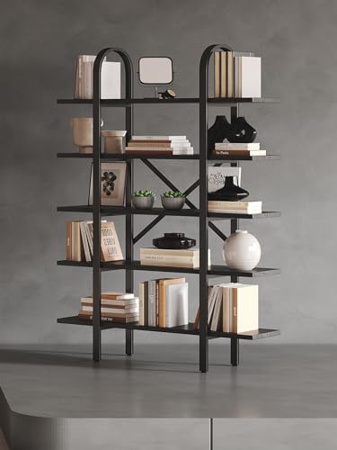 Wide Bookshelf Arched Bookcase, Industrial 5 Tier Open Book Shelves with Metal Frame, 72" Tall Freestanding Heavy Duty Display Rack for Home Office, Living Room,Black,Easy Assembly - color: Black, size: 5 Tier Arched Wide