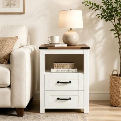 Farmhouse Night Stand, Rustic White Nightstand for Bedroom, End Tables with Charging Station, Bedside Table with Drawers, Wood Bedside Cabinet Dresser - color: White, size: 1pcs with Charging