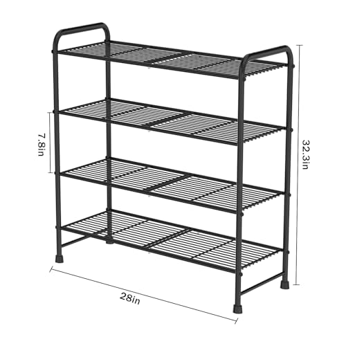 4-Tier Short Metal Shoe Rack,Extra Large Capacity Adjustable Stackable Shoe Organizer Shelf for Closet Entryway, Bedroom,Living Room, Floor,Hallway Shoe Shelf,Black 28" W × 32.3" H