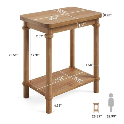 LITTLE TREE Solid Wood End Table, 25.6 H Narrow Side Table w/2-Tier Shelves, Narrow End Table with Round Edges, Small Wood Side Tables for Living Room Bedroom Bathroom Entryway(15.75" D x 23.62" W)