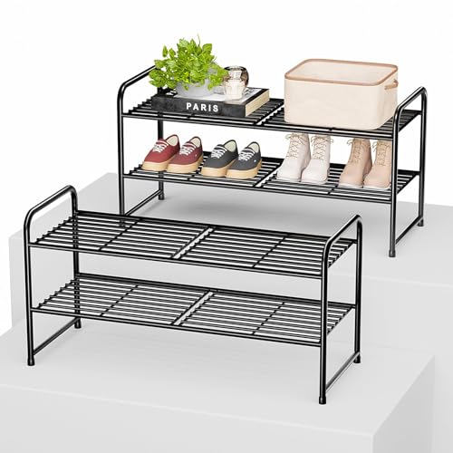 2 Pack Shoe Rack, 2-Tier Metal Stackable Shoe Shelf Storage Organizer, Heavy Duty Wire Shoe Stand for Entryway, Closet, Hallway, Holds 50 LBS, Black - color: Black, size: 2 Pack(33 Inch)