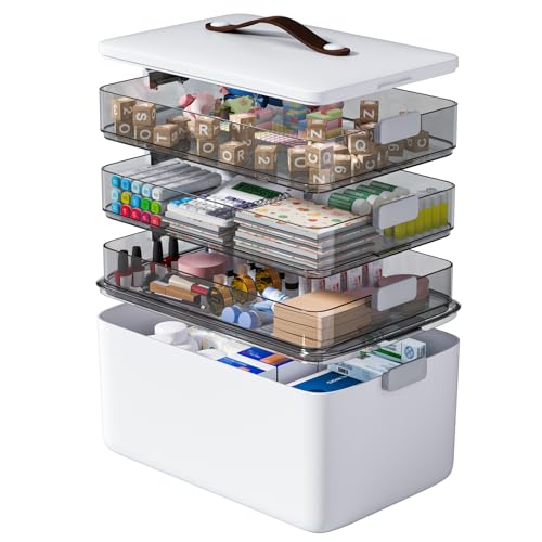 MOPUP 4-Tier Medicine Craft,Sewing,Art,Organizer Storage,Portable Latch Bin with Lid and Leather Handle,Pill Bottle, First Aid,Multipurpose Organizer with Removable Tray,A Household Essential - size: XL– 4-Tier