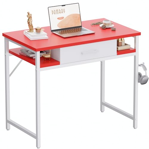 Pamray 32 Inch Small Computer Desk with Drawers for Bedroom Small Spaces | Compact, Sturdy, Easy Assembly, Mini, Suitable for Dorm and Apartment, Study and Writing - color: Red