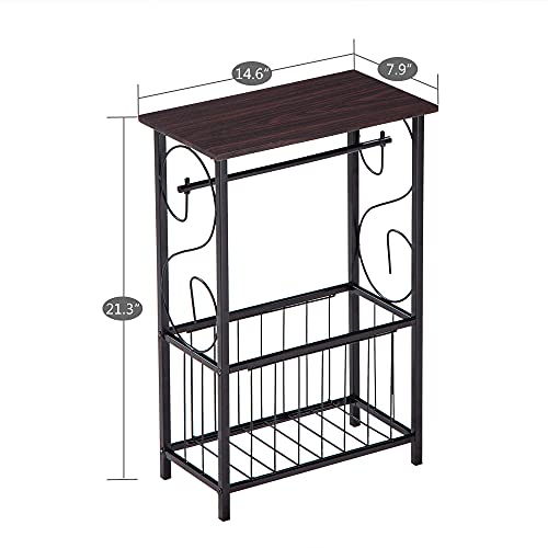 Side Coffee End Table,Multifunctional Bathroom Table,Bathroom Free Standing Floor Storage Side Corner Table Shelf with Toilet Paper Holder Stand and Magazine Rack,Metal Frame & Wood Top,Dark Brown