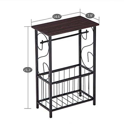 Side Coffee End Table,Multifunctional Bathroom Table,Bathroom Free Standing Floor Storage Side Corner Table Shelf with Toilet Paper Holder Stand and Magazine Rack,Metal Frame & Wood Top,Dark Brown