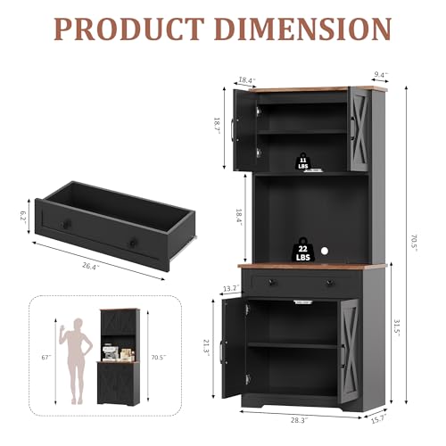 GarveeLife 71" Pantry Cabinet with Charging Station, Tall Kitchen Pantry Storage Cabinet with Microwave Stand, Large Farmhouse Kitchen Hutch with Cabinet Doors & Drawer for Living Room, Dining Room - color: Black