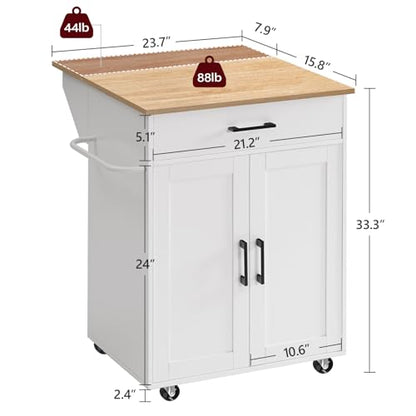 MAHANCRIS Kitchen Island on Wheels with Drop Leaf, Folding Countertop Kitchen Island Cart, Kitchen Island Table with Towel Rack, Drawer, for Kitchen, Dining Room, White and Natural KINW12501 - color: White and Natural