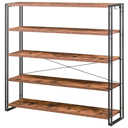 HCHQHS Bookshelf, 5-Tier Industrial Bookcase, Rustic Open Book Shelf, Freestanding Tall Bookshelves with Metal Frame - color: Rustic Brown, size: 5-Tier (47"W x 55.5"H)