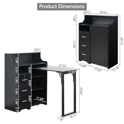 Folding Desk with Storage,Hidden Desk with Lockable Drawers & Shelves, Built-in Power Outlet,Fold Out Desk for Study and Home Office - color: Black
