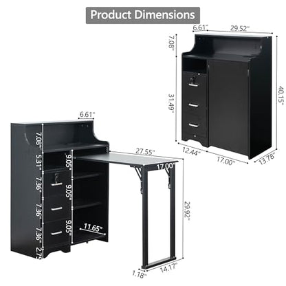Folding Desk with Storage,Hidden Desk with Lockable Drawers & Shelves, Built-in Power Outlet,Fold Out Desk for Study and Home Office - color: Black