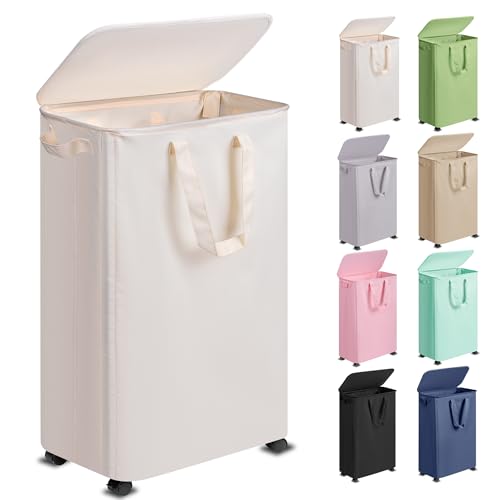Vincona Slim Laundry Hamper with Lid and Wheels, Small Rolling Laundry Basket with Handle for Small Spaces, Tall Dirty Clothes Hampers for Dorm, Bathroom and Bedroom, 75L, Beige - size: 75L