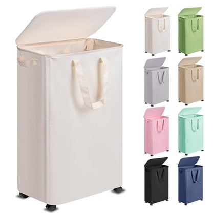 Vincona Slim Laundry Hamper with Lid and Wheels, Small Rolling Laundry Basket with Handle for Small Spaces, Tall Dirty Clothes Hampers for Dorm, Bathroom and Bedroom, 75L, Beige - size: 75L