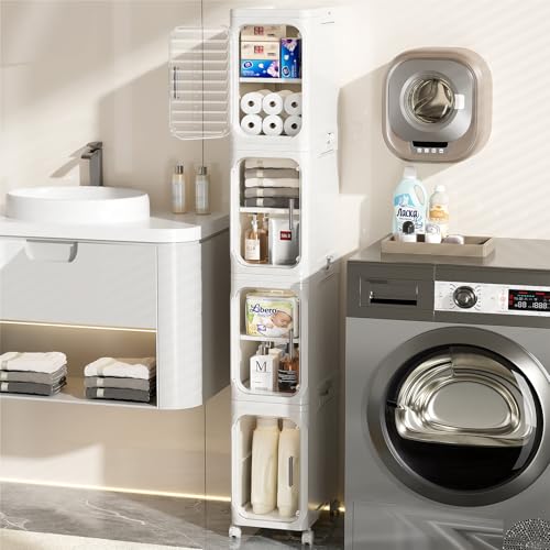 JOYZAN Narrow Bathroom Storage Cabinet with Movable Wheels, Slim Storage Cabinet with 4 Doors & Removable Panel, Skinny Bathroom Organizers and Storage for Small Space, Corner, Kitchen, Laundry - size: 4-Tiers