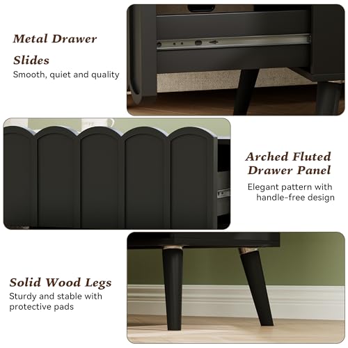 Modern Set of 2 Fluted Nightstand for Bedroom, Black Wood Bedside Table | End Side Table with Arch Curved Design, Night Stand with 2 Drawer - color: Black, size: 2 Pack