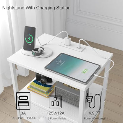 sthmec Nightstands Set of 2, LED Night Stands with Charging Station and Fabric Drawer, Bedside Tables with Drawers, 2- Tier LED Side Table End Table Charging Station Bedroom, White - color: White, style: Power & LED