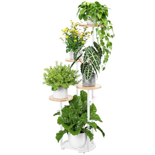 TOSKING Plant Stand Indoor, Heavy-Duty Corner Shelf, Plywood Trays, 42-Inch | Space-Saving Round Plant Table for Multiple Plants, Indoor and Outdoor Use in Living Room, Balcony, or Garden - color: White and Wood, size: 5tier Rd