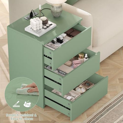 Keyluv 3 Drawers Nightstand Set of 2 with Charging Station, Modern Bedside Table with USB Ports, Sofa Side Table Night Stand with Storage, Sturdy End Table for Bedroom/Living Room/Home Office, Green - color: Green