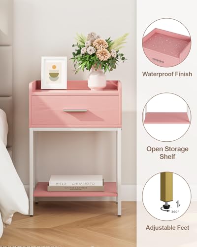 Nightstand,Modern Bedside Table Night Stand with Storage Drawer and Open Shelf,Small End Side Table for Bedroom,Living Room,Pink - color: Pink