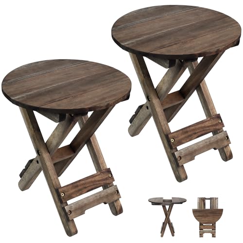 Small Patio Table, Outdoor Folding Side Table, Portable Accent Coffee End Table, Wood Top for Living Room, Bedroom (Round - Walnut-Set of 2)