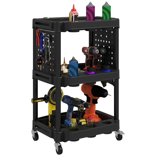 HOMCOM 3-Tier Rolling Tool Cart with Wheels, 200 LBS Capacity Plastic Utility Cart with Side Shelves, Mobile Service Tool Organizer for Garage, Warehouse, Workshop, Black - color: Black, size: 22.2" W x 18.7" D x 35" H