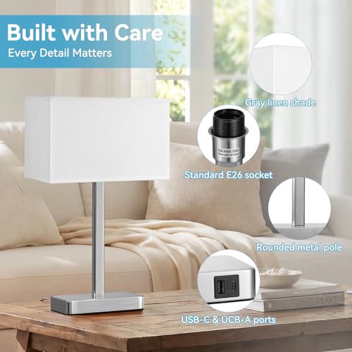 Hong-in Touch Lamps for Bedroom - 3-Way Dimmable Bedside Lamps Set of 2 with USB C+A, White Modern Table Lamp for Night Stands, Desk Lamp for Living Room Nightstand End Tables Bed Side - color: C. White&Nickel