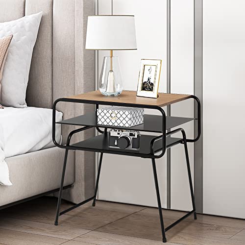 Giantex 3-Tier Side End Table with Shelf, Accent Side Table with Steel Frame, Modern Nightstand for Small Space, Couch Snack Table for Living Room Bedroom Study Easy Assembly (1, Brown & Black)