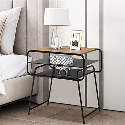 Giantex 3-Tier Side End Table with Shelf, Accent Side Table with Steel Frame, Modern Nightstand for Small Space, Couch Snack Table for Living Room Bedroom Study Easy Assembly (1, Brown & Black)