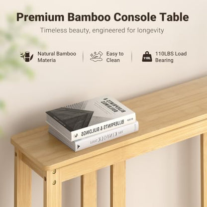ELYKEN Bamboo 2-Tier Narrow Console Table, 36.2" Long Slim Hallway Table | Sofa Table Behind Couch with Storage Shelf for Entryway, Living Room, Foyer - color: Natural