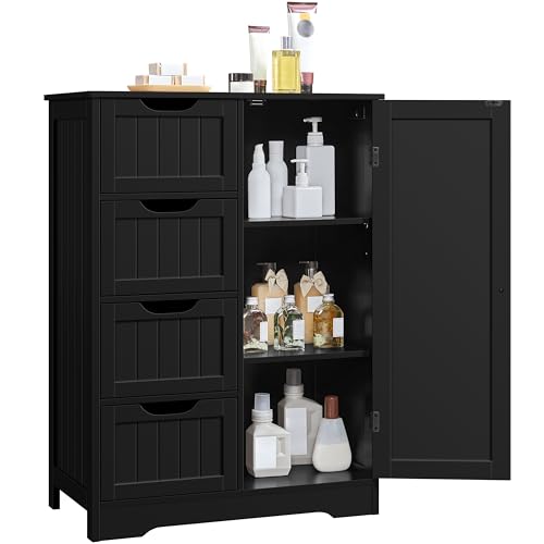 Yaheetech Bathroom Storage Cabinet with 4 Beadboard Drawers and Door, Black | Floor Cabinet Hides Towels and Toiletries in Small Baths, Halls or Living Rooms, Adjustable Shelf, MDF, 26 x 14 x 35.5 in - color: Black, size: 26 x 14 x 35.5 In (LxWxH)