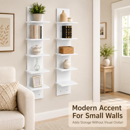 2PCS 5 Tiers Floating Wall Shelf, Small Vertical White Floating Shelf for Narrow Spaces, Modern Wall-Mounted Decorative Shelves for Bedroom Living Room, Lightweight Wood-Plastic - size: 2PCS