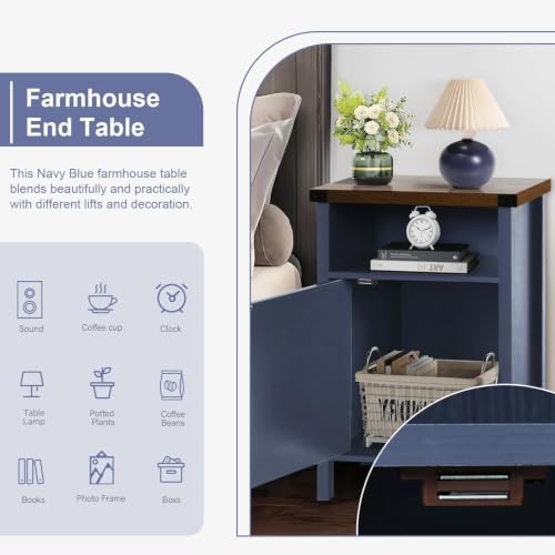 Catrimown Farmhouse Nightstand with Barn Door and Shelf, Side Table, Rustic End Table for Bedroom, Living Room, Navy Blue - color: Navy Blue
