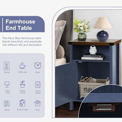 Catrimown Farmhouse Nightstand with Barn Door and Shelf, Side Table, Rustic End Table for Bedroom, Living Room, Navy Blue - color: Navy Blue