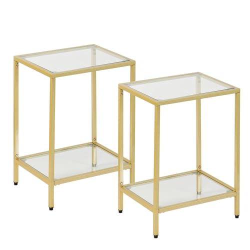 Gawicpy Modern 2-Tier Tempered Glass End Table - Stylish Black Metal Side Table for Small Spaces, Perfect for Living Room & Bedroom (Gold, 2PCS) - color: Gold, size: 2PCS