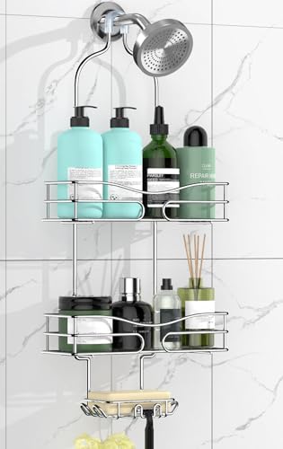 DAOYA Shower Caddy - Organizer with 6 Hooks, Soap Basket & Self-Adhesive Pad, Silver - color: Silver