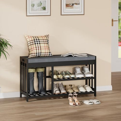 Shoe Rack Bench with Cushion,2 Tiers Shoe Bench with Flip-Top Storage,Wood Shoe Rack for Entryway, Hallway, Bedroom, Front Door Entrance (Black) - color: Black