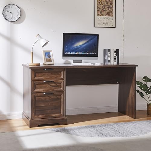 60" Farmhouse Executive Desk with Charging Station,Home Office Desk with 2 Drawers &1 File Cabinet,Wood Work Desk for Office and Home (Brown) - color: Brown