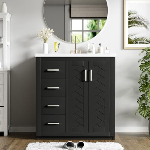30 Inch Black Bathroom Vanity with Sink & Silver Handles,Light Luxury | with Herringbone Pattern Soft Closing Doors,3 Left Drawers,Ceramic Countertop,Solid Wood Frame,Floor-Standing with Toe-Kick - color: Black, size: 30 Inch(Left Drawers)
