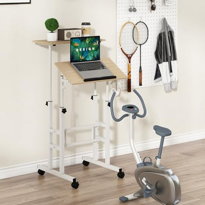 Tangkula Mobile Standing Desk, Height-Adjustable Laptop Podium Cart with Tilting Tabletop & Adjustable Angle, Rolling Stand Up Computer Desk with 2 Hanging Hooks & Lockable Casters for Home Office - color: Natural