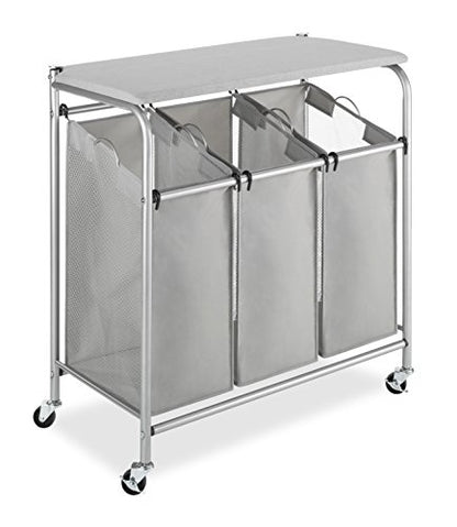 Whitmor 3 Section Rolling Laundry Sorter with Folding Station - Ironing Board, Chrome / Gray - size: 3 Section lroning Board，Grey