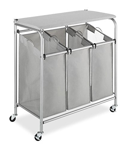 Whitmor 3 Section Rolling Laundry Sorter with Folding Station - Ironing Board, Chrome / Gray - size: 3 Section lroning Board，Grey
