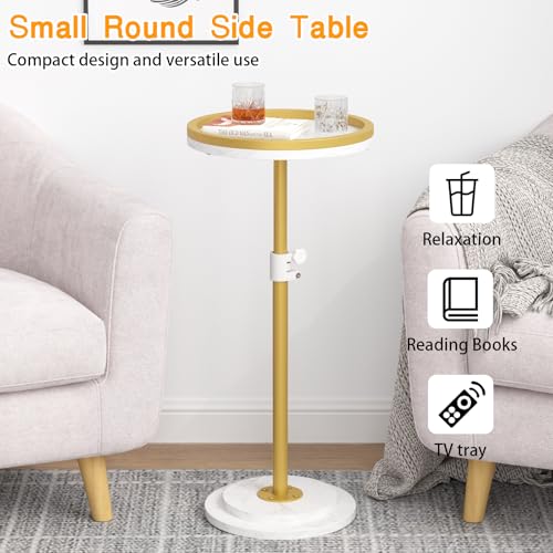 Small Side Table, Drink Table, Height Adjustable Round End Table, Pedestal Side Table for Small Spaces in Living Room, Bedroom, Gold - color: Gold