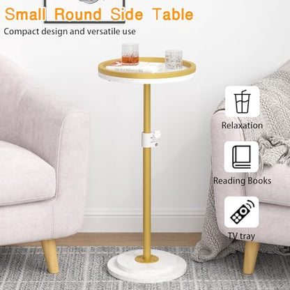 Small Side Table, Drink Table, Height Adjustable Round End Table, Pedestal Side Table for Small Spaces in Living Room, Bedroom, Gold - color: Gold